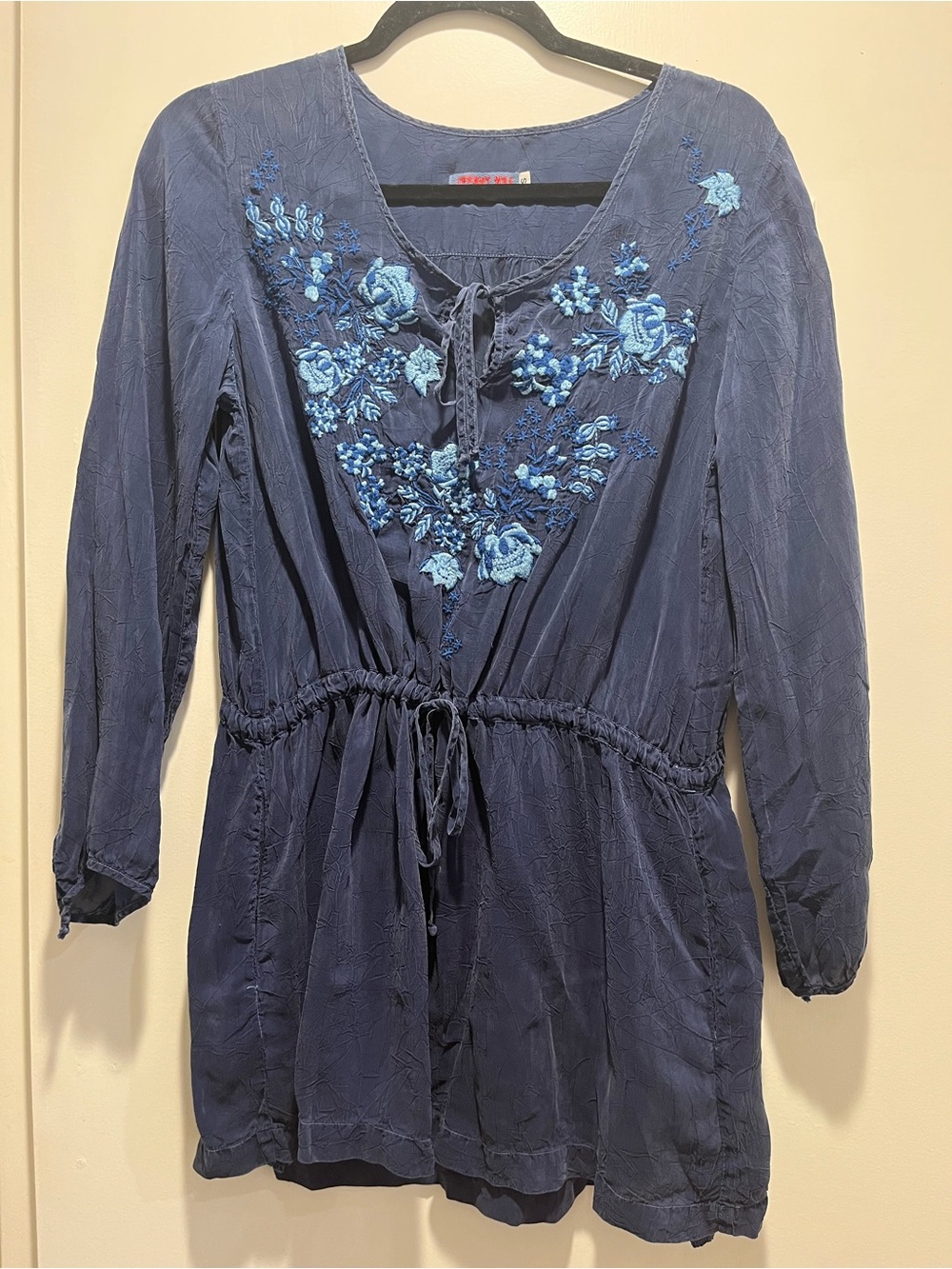 Johnny Was Navy Tunic with Blue Floral Embroidery